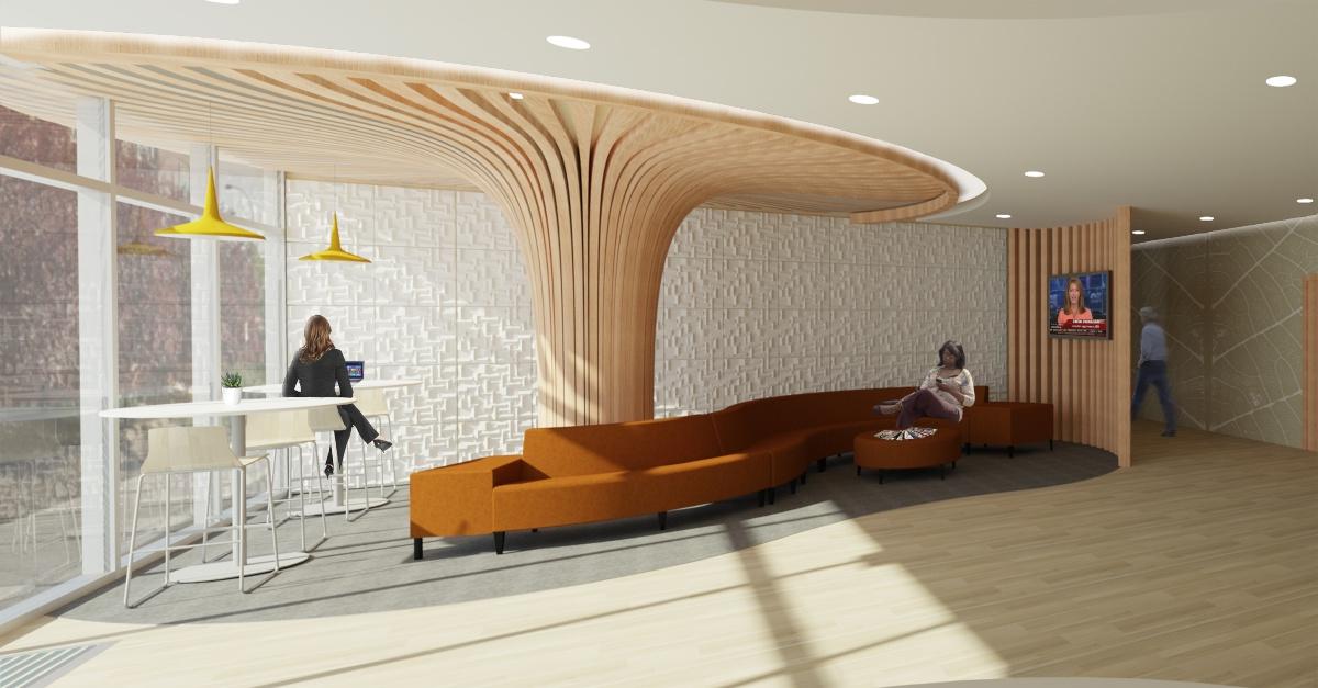 Rendering of a waiting area with a mounted tv, curing orange sofa and two cafeteria tables. 